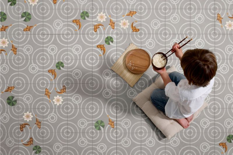 Pavimento dell'interno di un'abitazione realizzato con piastrelle in cemento Pavimento dell'interno di un'abitazione realizzato con piastrelle in cemento