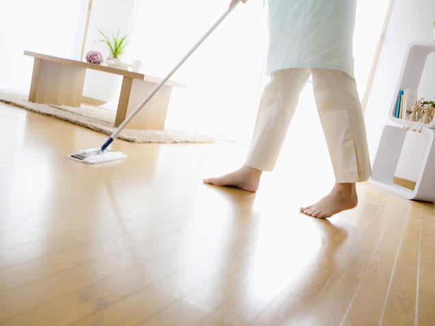 Pulizia parquet L'immagine riprende l'attimo nel quale una donna pulisce il parquet.